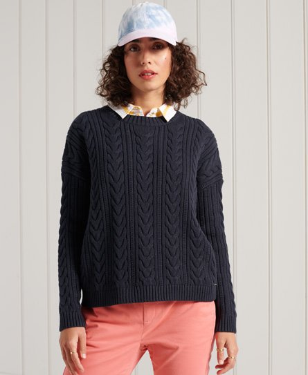 Superdry Women’s Dropped Shoulder Cable Knit Crew Neck Jumper Navy / Eclipse Navy - Size: 10