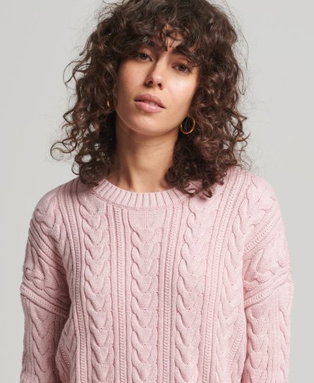 Superdry Women’s Women’s Classic Cable Knit Dropped Shoulder Crew Jumper, Pink, Size: 12
