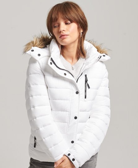 Superdry Women’s Faux Fur Short Hooded Puffer Jacket White - Size: 12