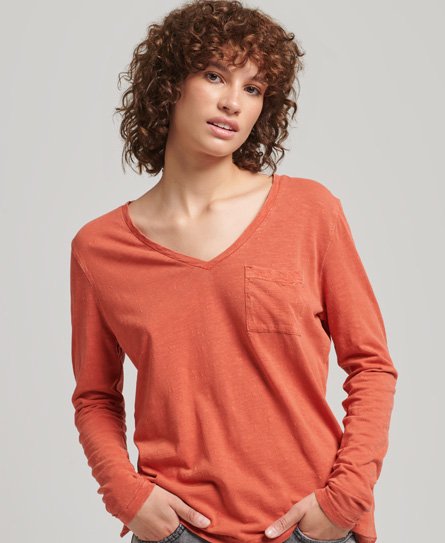 Superdry Women’s Long Sleeve Slub V-Neck Top Orange / Tabasco - Size: 8