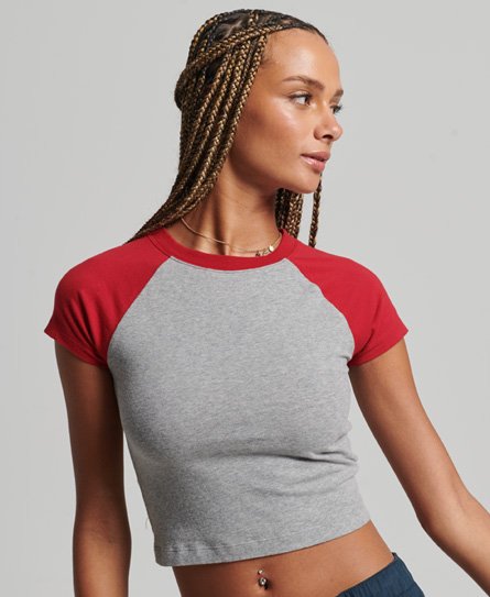 Superdry Women’s Organic Cotton Cropped Baseball T-Shirt Grey / Grey Marl/red - Size: 12