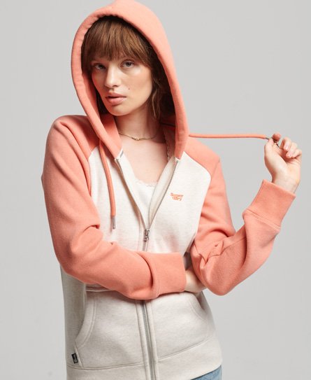 Superdry Women’s Vintage Logo Embroidered Baseball Zip Hoodie Cream / Light Oatmeal Marl/Hype Fire Coral Marl - Size: 8