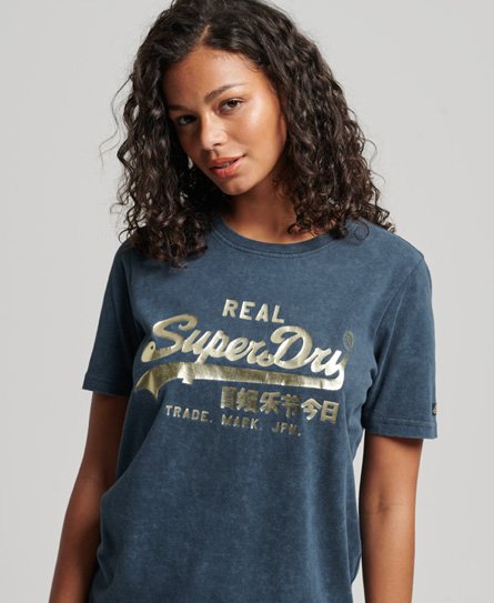 Superdry Women’s Women’s Classic Vintage Logo Embellished T-Shirt, Navy Blue, Size: 8