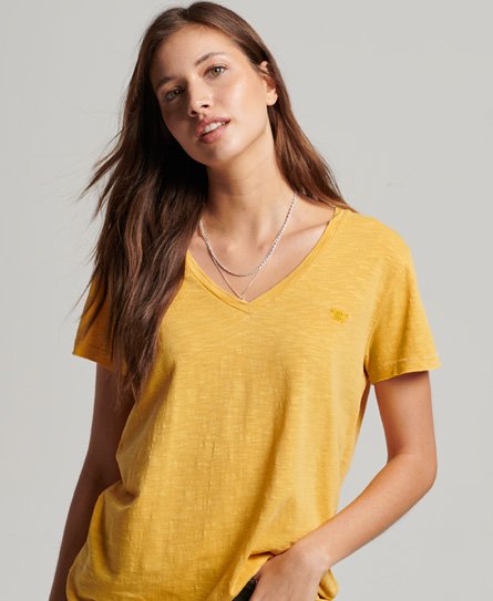 Superdry Women’s Classic Logo Embroidered Slub V-Neck T-Shirt, Yellow, Size: 6