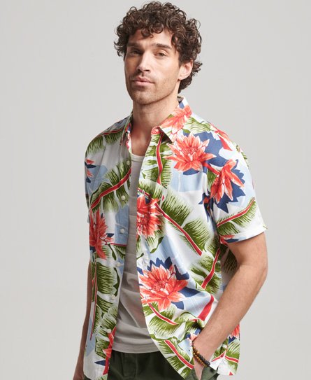 Superdry Men’s Men’s Classic Leaf Print Short Sleeve Hawaiian Shirt, White, Green and Orange, Size: S