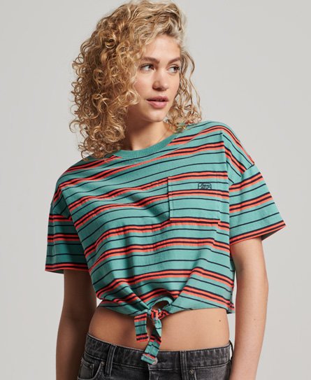 Superdry Women’s Organic Cotton Vintage Boxy Tie Front T-Shirt Green / Beryl Green Stripe - Size: 14