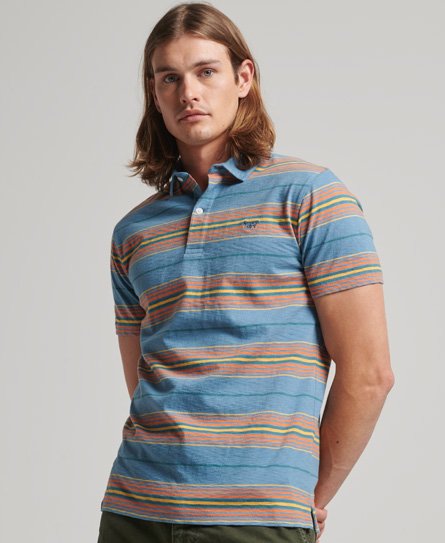 Superdry Men’s Classic Stripe Jersey Polo Shirt, Blue, Orange and Yellow, Size: S