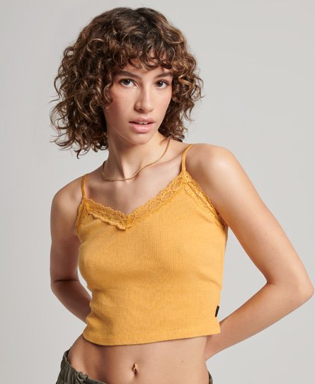 Superdry Women’s Rib Lace Trim Cami Top Yellow / Ochre Yellow Marl - Size: M/L