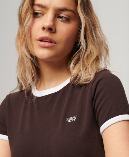 Superdry Women’s Organic Cotton Ringer Crop T-shirt Brown / Dark Chocolate Brown/Optic White - Size: 8