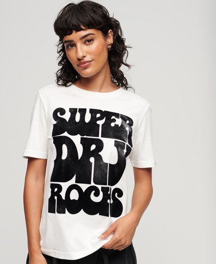 Superdry Women’s 70s Retro Rock Logo T-Shirt Cream / Ecru - Size: 8