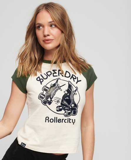 Superdry Women’s Roller Graphic Baseball Mini T-Shirt Cream / Oatmeal/Army Green - Size: 8