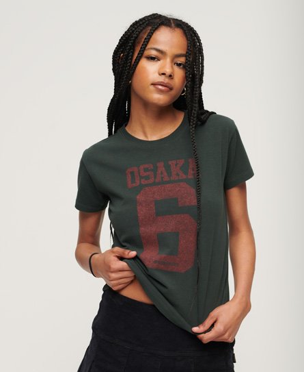 Superdry Women’s Osaka Graphic Short Sleeve Fitted T-Shirt Green / Academy Dark Green - Size: 12