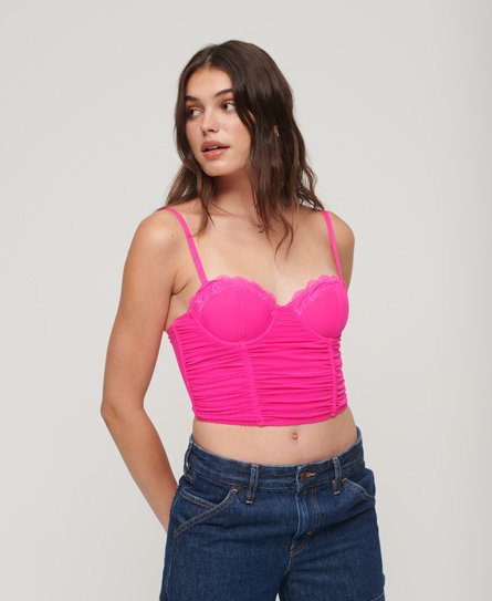 Superdry Women’s Lace Ruched Mesh Crop Corset Top, Pink, Size: 14