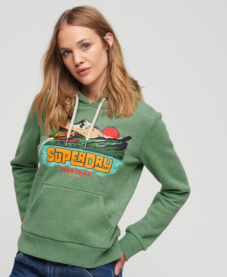 Superdry Women’s Travel Postcard Graphic Hoodie Green / Winter Mint Marl - Size: 10