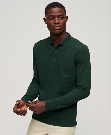 Superdry Men’s Classic Long Sleeve Cotton Pique Polo Shirt, Green, Size: S