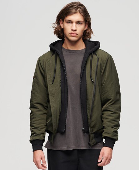 Superdry Men’s Classic Colour Block Military Hooded MA1 Bomber Jacket, Green and Black, Size: XXL