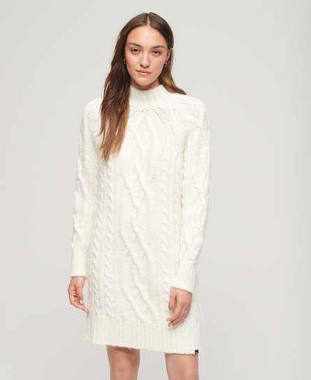 Superdry Women’s Cable Knit Mock Neck Jumper Dress White / Off White - Size: 8
