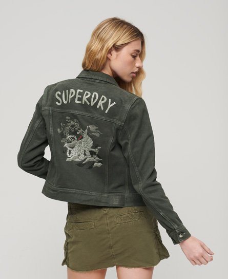 Superdry Women’s Boxy Fit Embellished Graphic St Tropez Workwear Crop Jacket, Black, Size: 8