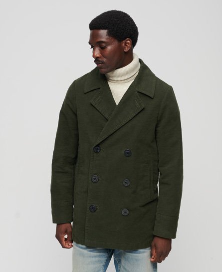 Superdry Men’s Mens Fully Lined The Merchant Store - Moleskin Pea Coat, Green, Size: Xxl