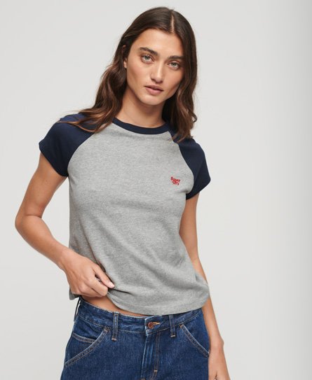Superdry Women’s Organic Cotton Essential Logo Raglan T-Shirt Grey / Grey Marl/Preppy Navy - Size: 14