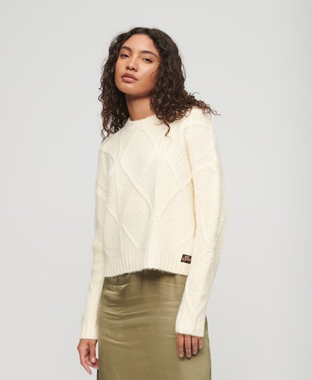 Superdry Women’s Women’s Cable Knit Chunky Jumper, Cream, Size: 12