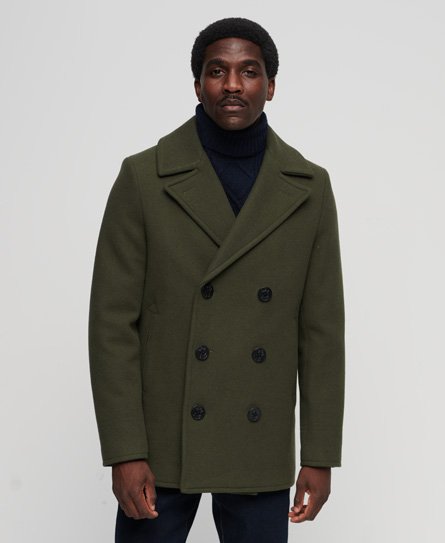 Superdry Men’s Mens Classic The Merchant Store - Wool Pea Coat, Green, Size: L