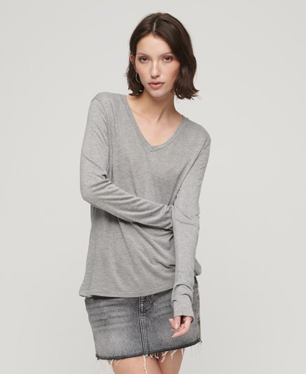 Superdry Women’s Long Sleeve Jersey V-Neck Top Grey / Grey Metallic - Size: 8