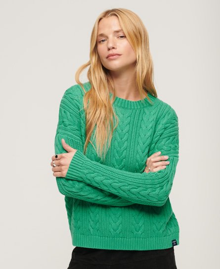 Superdry Women’s Dropped Shoulder Cable Crew Jumper Green / Woodland Green - Size: 8