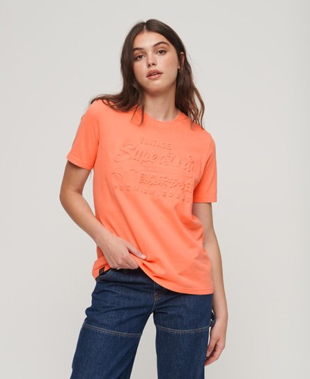 Superdry Women’s Embossed Vintage Logo T-Shirt Cream / Fusion Coral - Size: 12
