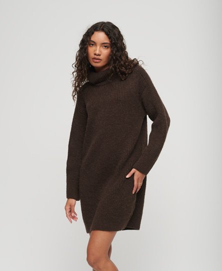 Superdry Women’s Women’s Loose Fit Knitted Roll Neck Jumper Dress, Brown, Size: 8
