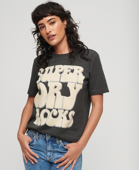 Superdry Women’s 70s Retro Rock Logo T-Shirt Black / Washed Black - Size: 8
