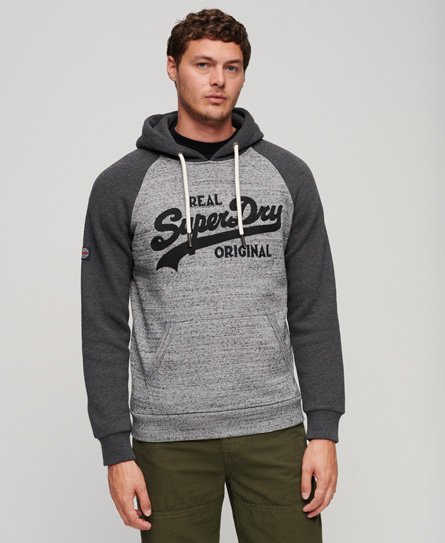 Superdry Men’s Mens Classic Logo Embroidered Athletic Vintage Raglan Hoodie, Grey, Size: XL