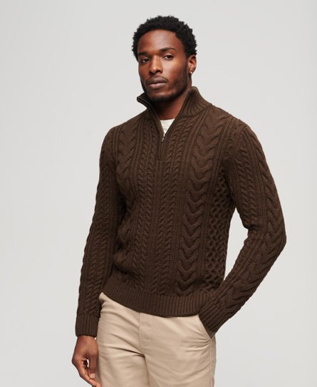 Superdry Men’s Vintage Jacob Cable Knit Half Zip Jumper Brown / Toasted Chocolate Brown - Size: L