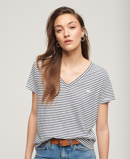 Superdry Women’s Slub Embroidered V-Neck T-Shirt Navy / Navy Optic Stripe - Size: 8