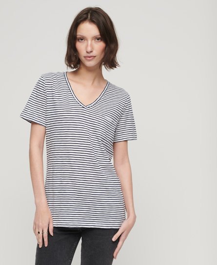 Superdry Women’s Organic Cotton Pocket V-Neck T-Shirt Navy / Navy Breton - Size: 10