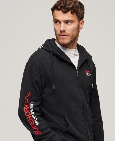 Superdry Men’s Loose Fit Logo Print Sportswear Zip Hoodie, Navy Blue, Red and White, Size: XL