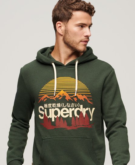 Superdry Men’s Great Outdoors Logo Print Hoodie Green / Campus Green Grit - Size: XL