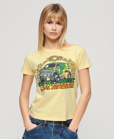 Superdry Women’s Neon Motor Graphic Fitted T-Shirt Yellow / Pale Yellow Slub - Size: 14