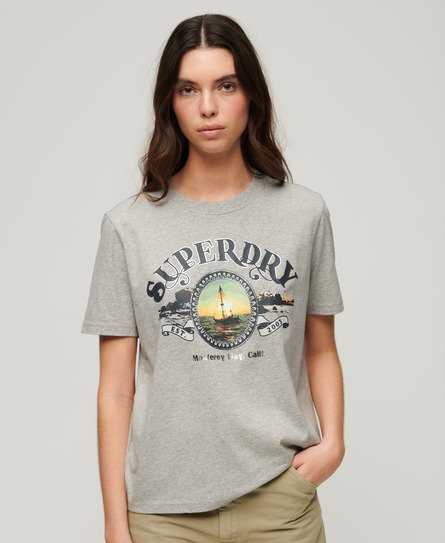 Superdry Women’s Travel Souvenir Relaxed T-Shirt Light Grey / Pumice Stone Beige Marl - Size: 10