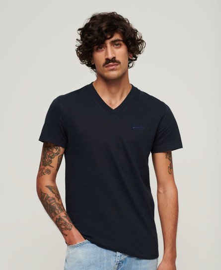Superdry Men’s Organic Cotton Embroidered Logo V Neck T-Shirt Navy / Eclipse Navy - Size: S