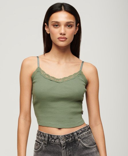 Superdry Women’s Athletic Essential Lace Trim Cropped Cami Top Green / Laurel Khaki - Size: 6-8