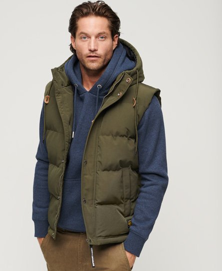 Superdry Men’s Fully lined Hooded Everest Puffer Gilet, Green, Size: L
