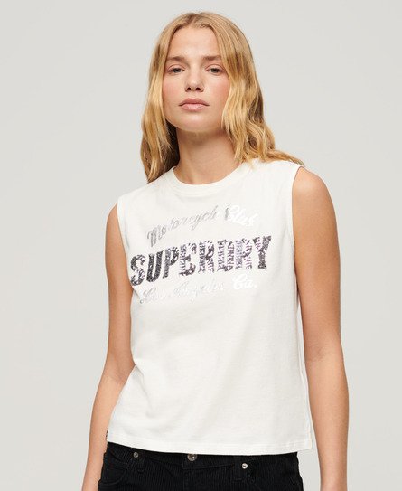 Superdry Ladies Embellished Archive Fitted Tank Top, Cream, Size: 12