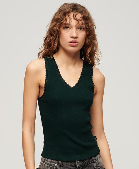 Superdry Women’s Athletic Essentials Lace Trim Vest Top Green / Dark Pine Green - Size: 14-16
