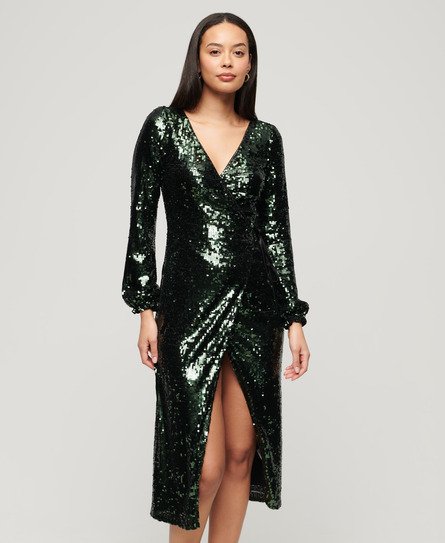 Superdry Women’s Women’s Fully Lined Sequin Wrap Maxi Dress, Green, Size: 10