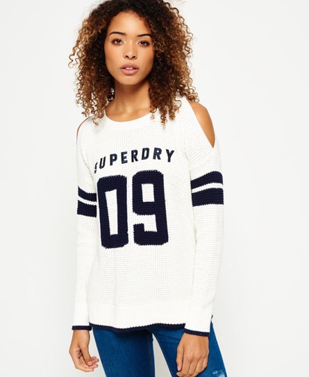 cold shoulder varsity striped sweatshirt