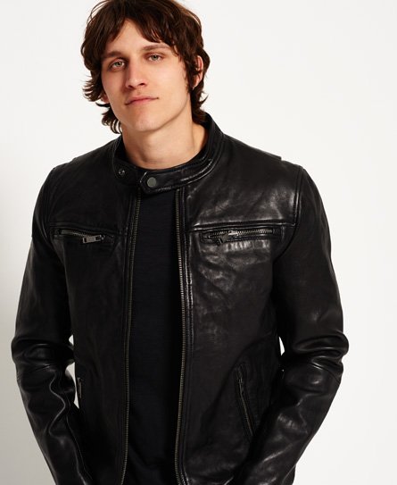 Men's Classic Real Hero Biker Leather Jacket in Grey, Superdry US