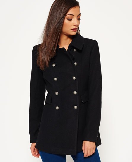 Womens Military Pea Coat In Black, Black Pea Coat For Ladies