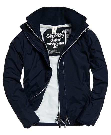 Superdry Mens New Tech Hood Pop Zip Windcheater Triple Zip Jacket Coat Navy Ecru