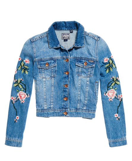 Womens - Embroidered Sleeve Denim Jacket in Mid Wash | Superdry
